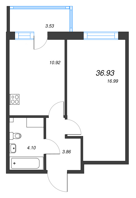 1-комнатная квартира, 36.93 м² в ЖК "Аквилон Янино" - планировка, фото №1