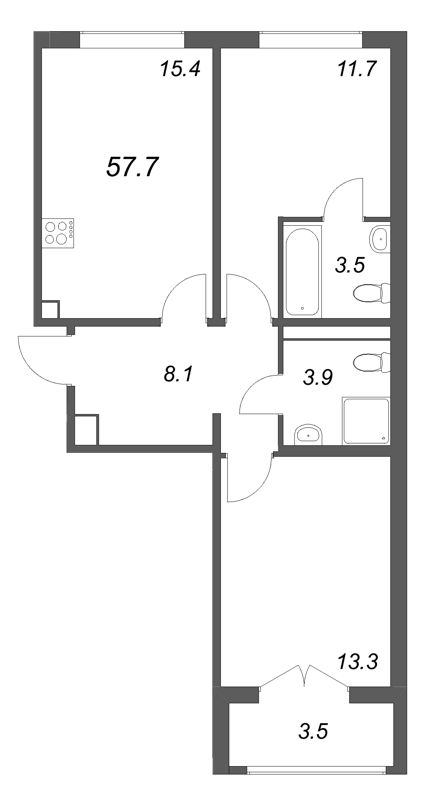 3-комнатная (Евро) квартира, 57.7 м² в ЖК "Пулково Lake" - планировка, фото №1
