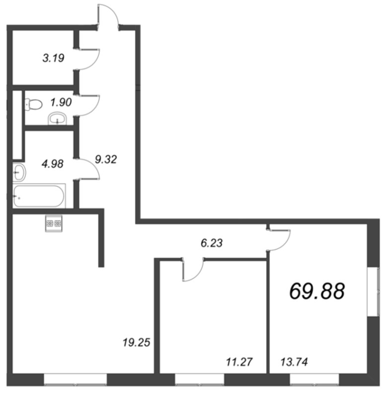 3-комнатная (Евро) квартира, 71.7 м² - планировка, фото №1