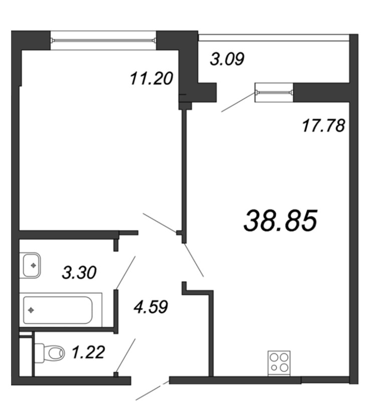 2-комнатная (Евро) квартира, 39.2 м² в ЖК "Магеллан" - планировка, фото №1