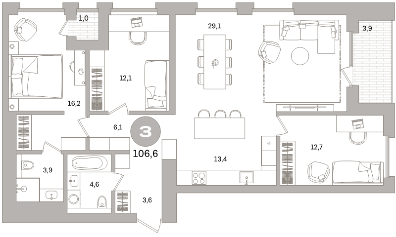 4-комнатная (Евро) квартира, 106.6 м² - планировка, фото №1