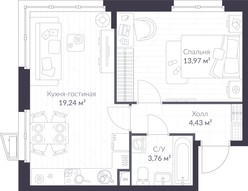 2-комнатная (Евро) квартира, 41.4 м² - планировка, фото №1