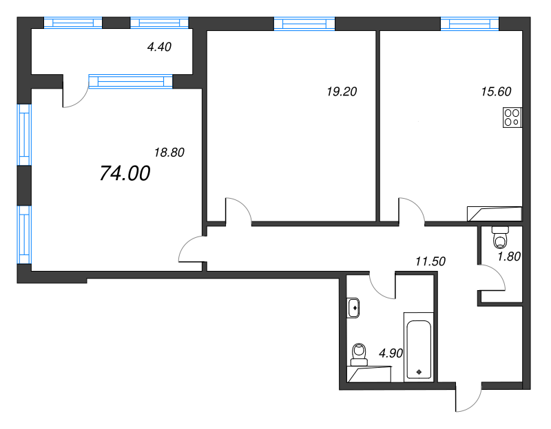 3-комнатная (Евро) квартира, 74 м² - планировка, фото №1