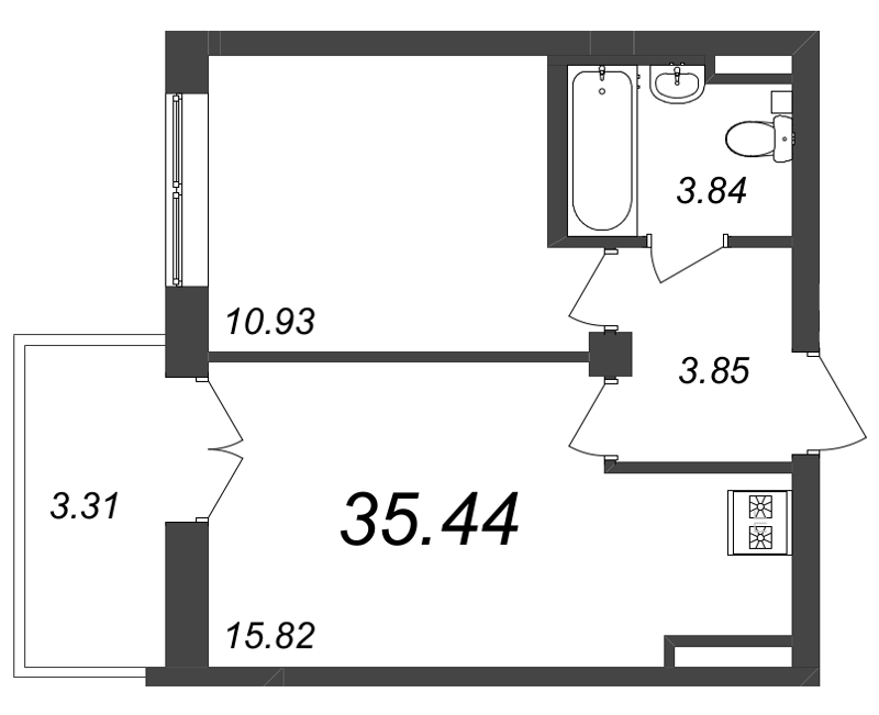 2-комнатная (Евро) квартира, 35.44 м² в ЖК "Neva Residence" - планировка, фото №1