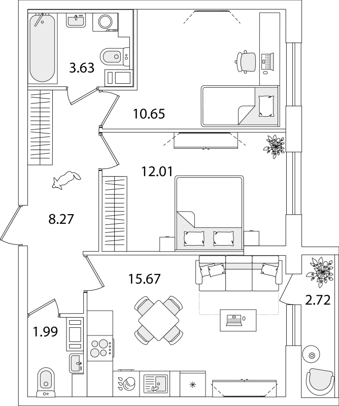 2-комнатная квартира, 53.58 м² в ЖК "Кинопарк" - планировка, фото №1