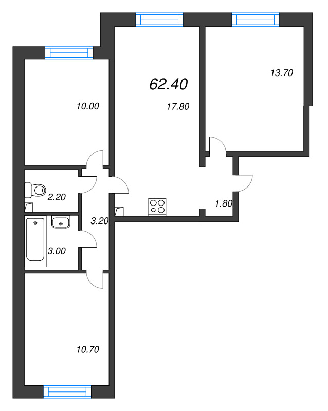 4-комнатная (Евро) квартира, 62.4 м² в ЖК "ЛСР. Ржевский парк" - планировка, фото №1