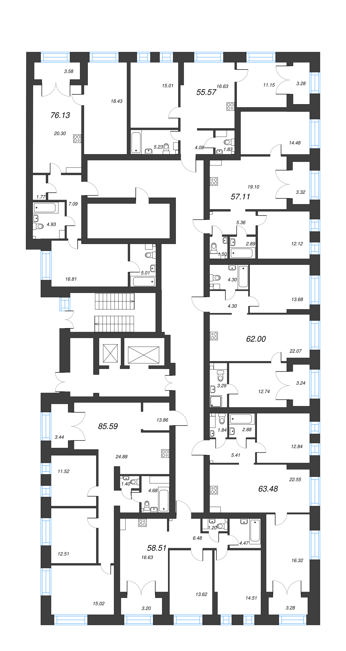 2-комнатная квартира, 55.57 м² в ЖК "Наука" - планировка этажа