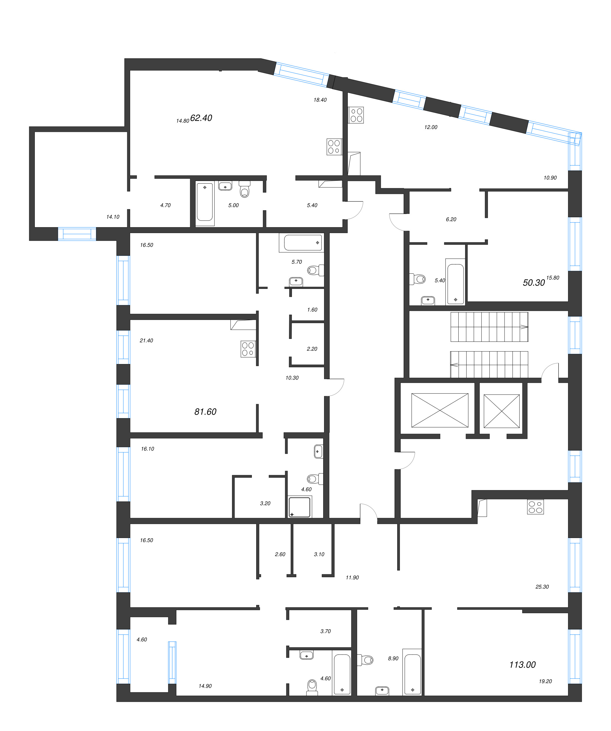 2-комнатная (Евро) квартира, 62.4 м² в ЖК "ЛДМ" - планировка этажа