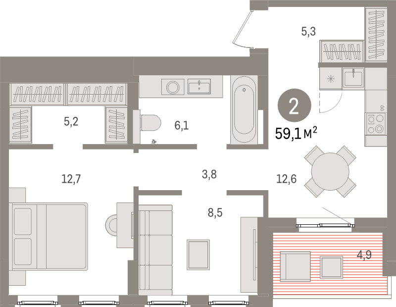 2-комнатная квартира, 59.1 м² в ЖК "Брусника в Новоселье" - планировка, фото №1