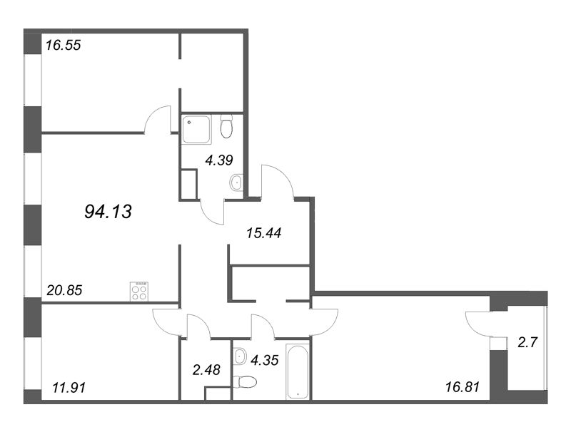 4-комнатная (Евро) квартира, 94.13 м² в ЖК "ID Svetlanovskiy" - планировка, фото №1