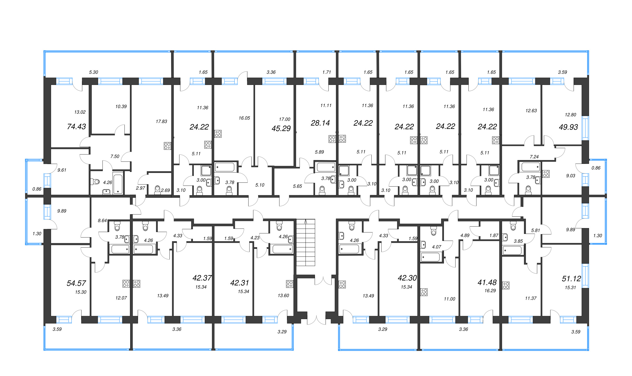 3-комнатная квартира, 74.43 м² в ЖК "Капральский берег" - планировка этажа