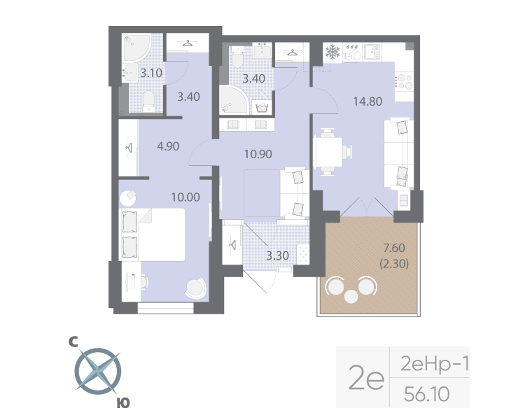 2-комнатная квартира, 56.1 м² в ЖК "Зеркальный ручей" - планировка, фото №1