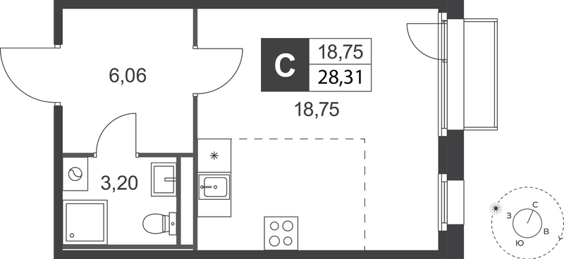Квартира-студия, 28.31 м² в ЖК "Слобода" - планировка, фото №1