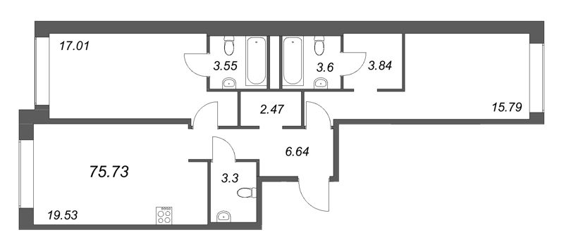 3-комнатная (Евро) квартира, 75.73 м² в ЖК "Avant" - планировка, фото №1