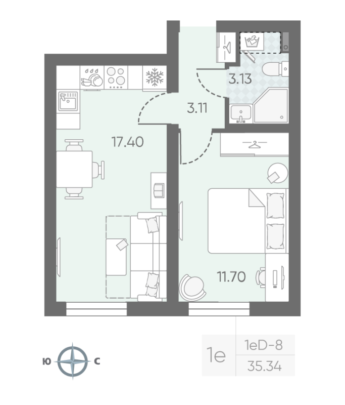 1-комнатная квартира, 35.34 м² в ЖК "Морская миля" - планировка, фото №1