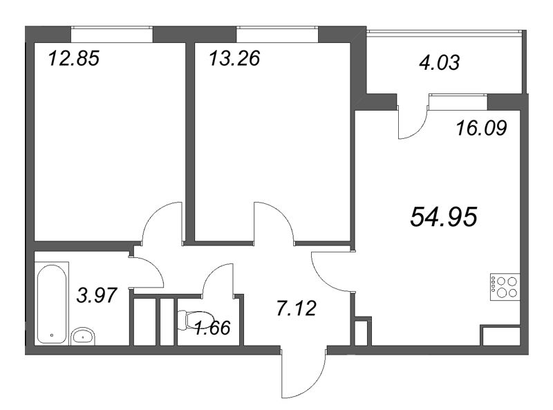3-комнатная (Евро) квартира, 54.95 м² в ЖК "ЮгТаун" - планировка, фото №1