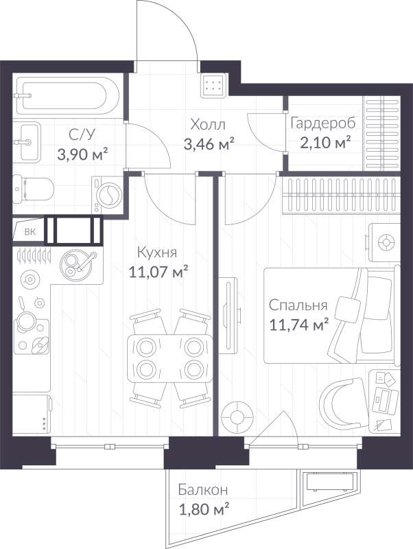 1-комнатная квартира, 32.81 м² в ЖК "VEREN NORT сертолово" - планировка, фото №1
