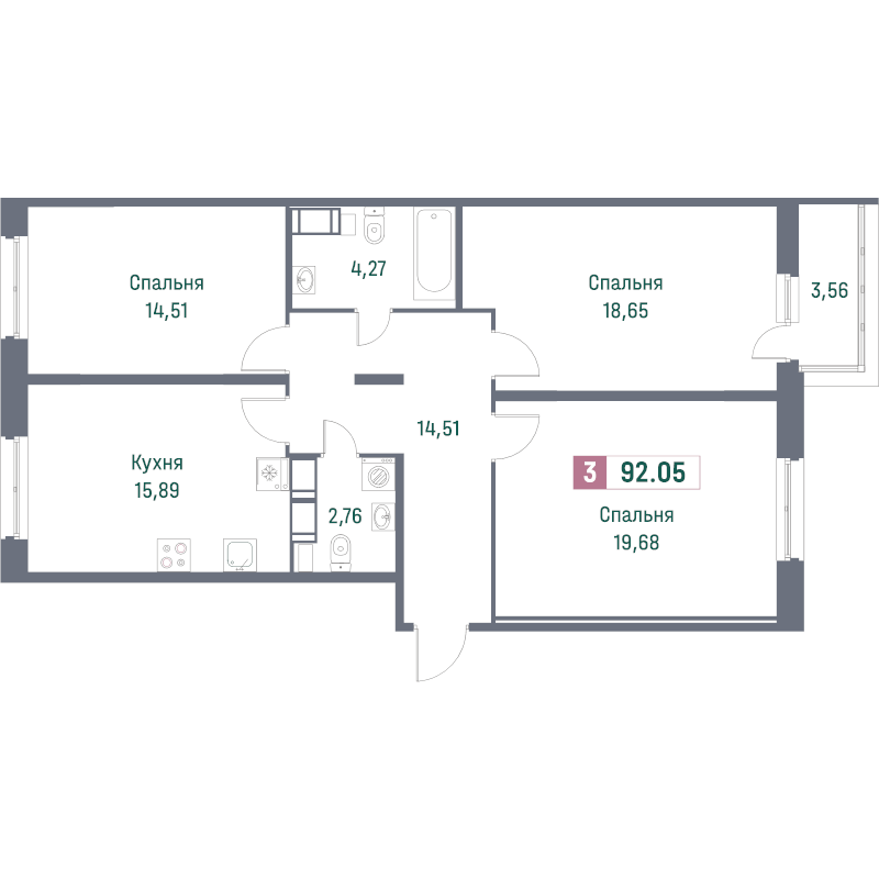 4-комнатная (Евро) квартира, 90.7 м² в ЖК "Фотограф" - планировка, фото №1