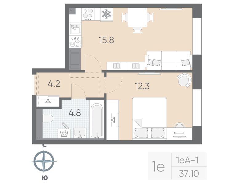2-комнатная (Евро) квартира, 37.1 м² в ЖК "Большая Охта" - планировка, фото №1