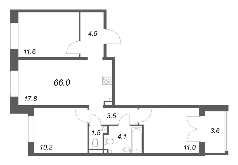 4-комнатная (Евро) квартира, 66 м² в ЖК "Пулково Lake" - планировка, фото №1