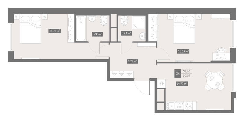 2-комнатная квартира, 60.19 м² - планировка, фото №1