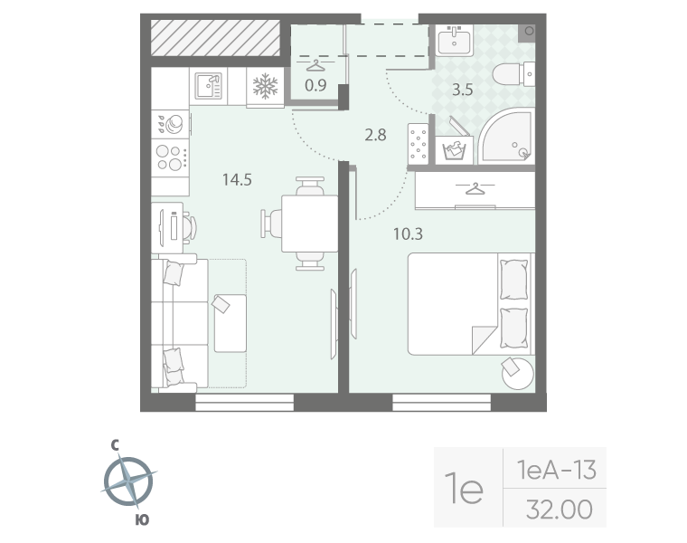 1-комнатная квартира, 32 м² в ЖК "Дыбенко Парк" - планировка, фото №1