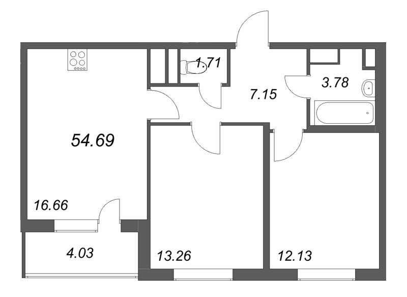 3-комнатная (Евро) квартира, 54.69 м² в ЖК "ЮгТаун" - планировка, фото №1