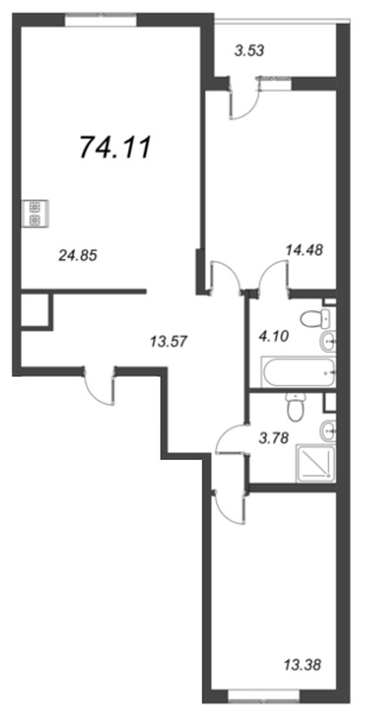 3-комнатная (Евро) квартира, 74.11 м² - планировка, фото №1
