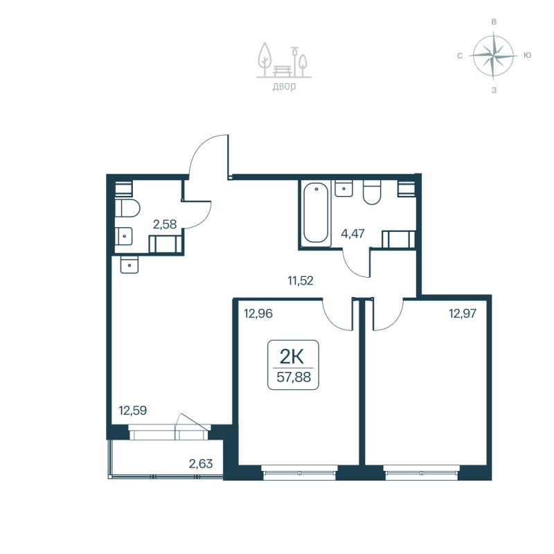 2-комнатная квартира, 57.88 м² в ЖК "Расцветай в Янино" - планировка, фото №1