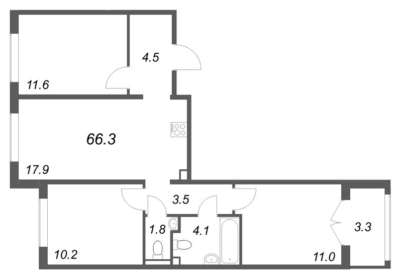 4-комнатная (Евро) квартира, 66.3 м² в ЖК "Пулково Лейк" - планировка, фото №1