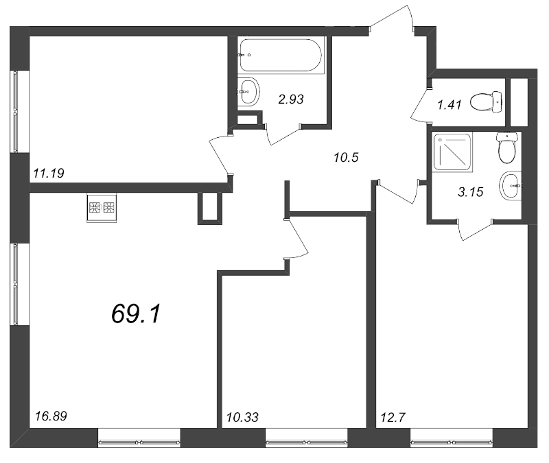 4-комнатная (Евро) квартира, 69.1 м² - планировка, фото №1