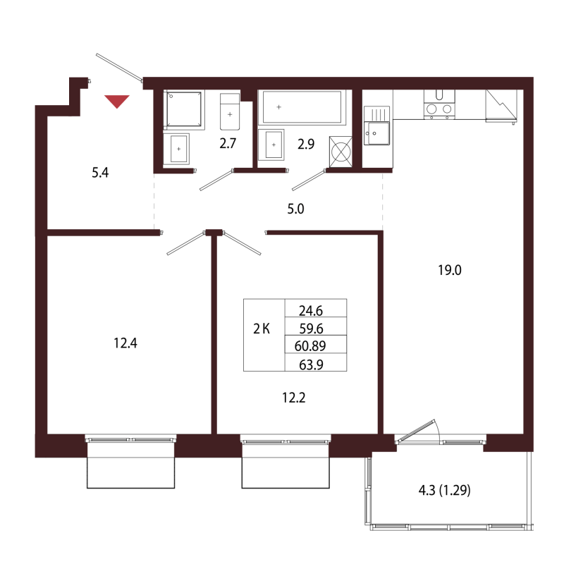 3-комнатная (Евро) квартира, 60.89 м² в ЖК "Лисино" - планировка, фото №1
