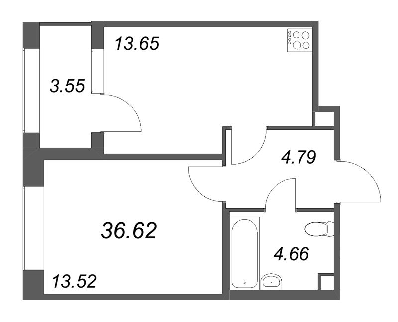 1-комнатная квартира, 36.62 м² в ЖК "Дом на Курской" - планировка, фото №1