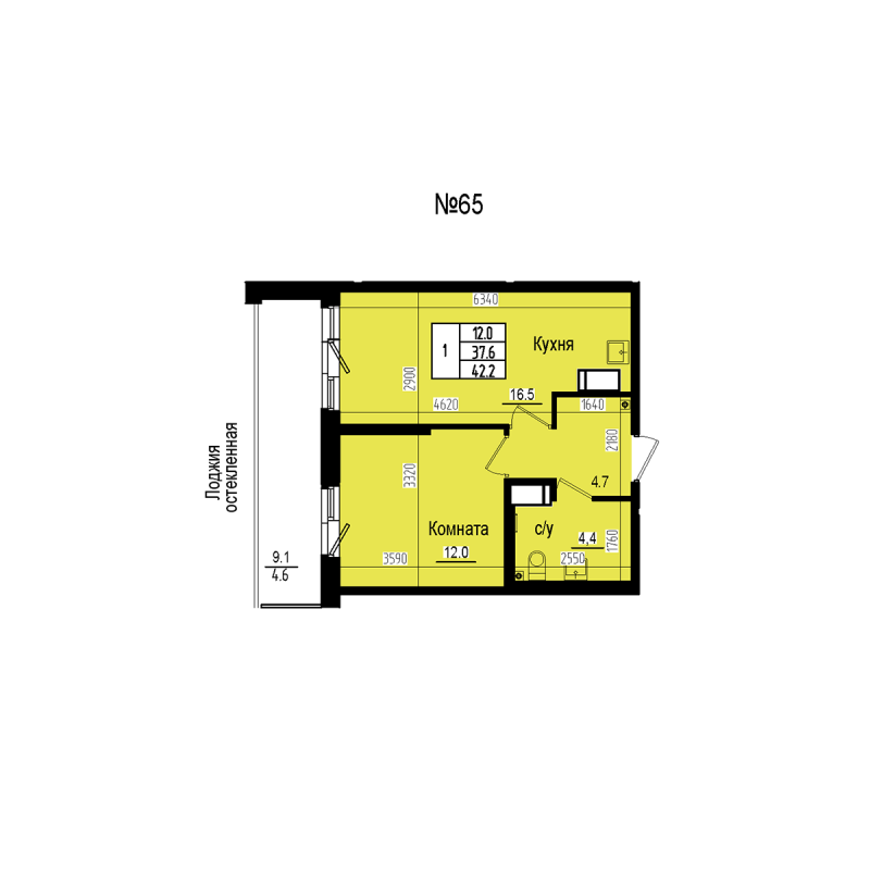 2-комнатная (Евро) квартира, 42.2 м² в ЖК "ПРАГМА СИТИ" - планировка, фото №1