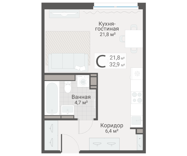 Квартира-студия, 32.9 м² в ЖК "Руднева 15" - планировка, фото №1