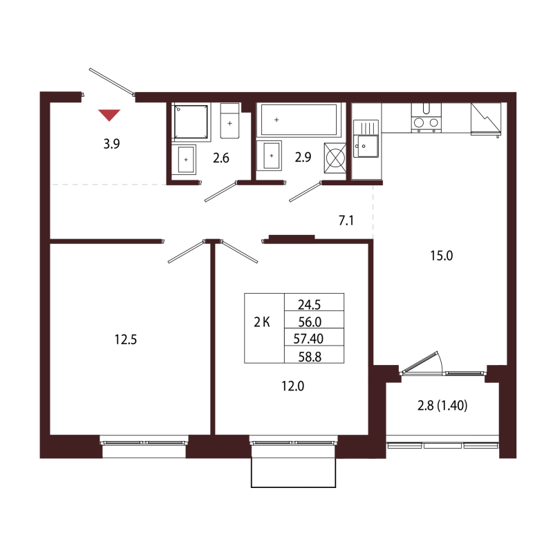 3-комнатная (Евро) квартира, 57.4 м² в ЖК "Лисино" - планировка, фото №1