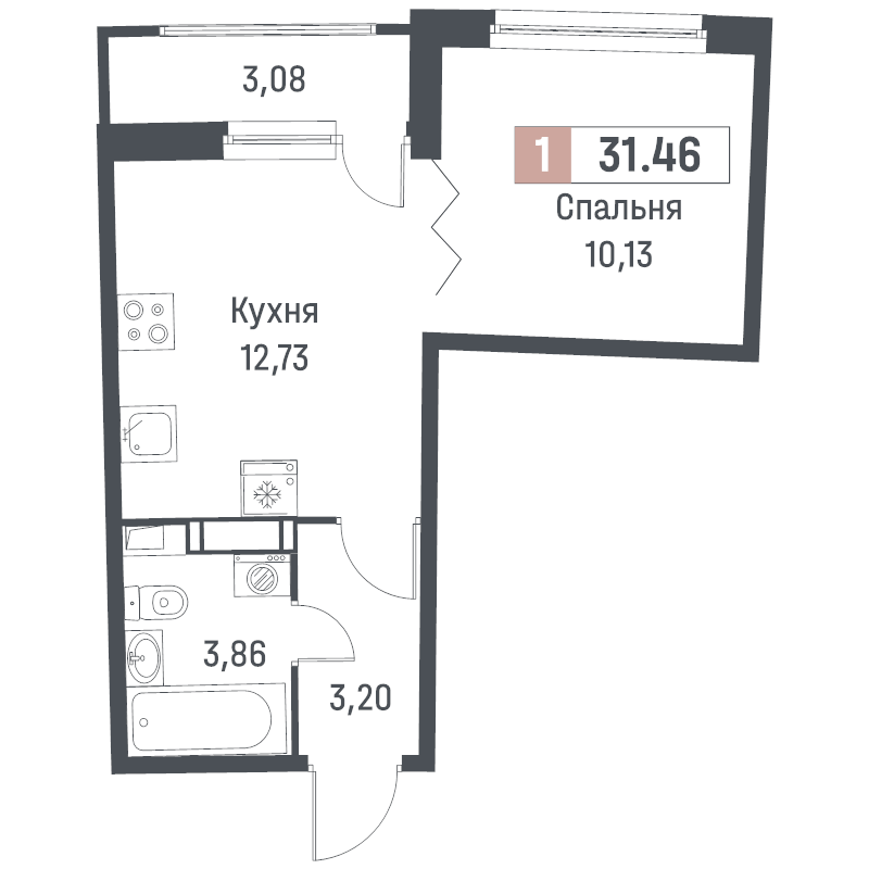 1-комнатная квартира, 31.46 м² - планировка, фото №1