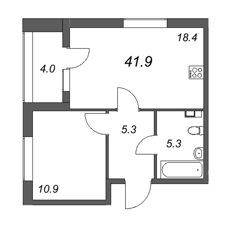 2-комнатная (Евро) квартира, 41.9 м² в ЖК "Пулковский дом" - планировка, фото №1