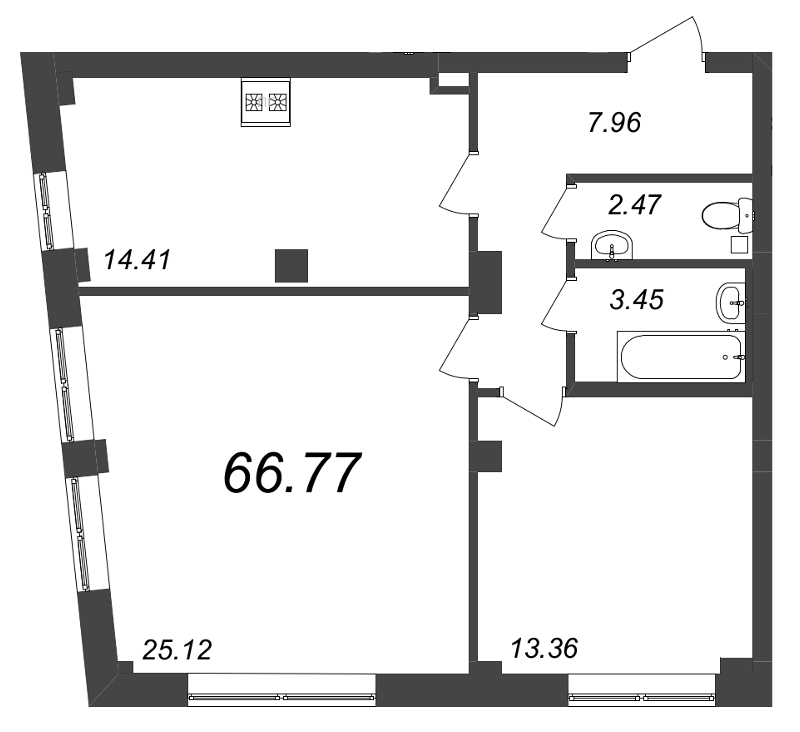2-комнатная квартира, 66.77 м² - планировка, фото №1