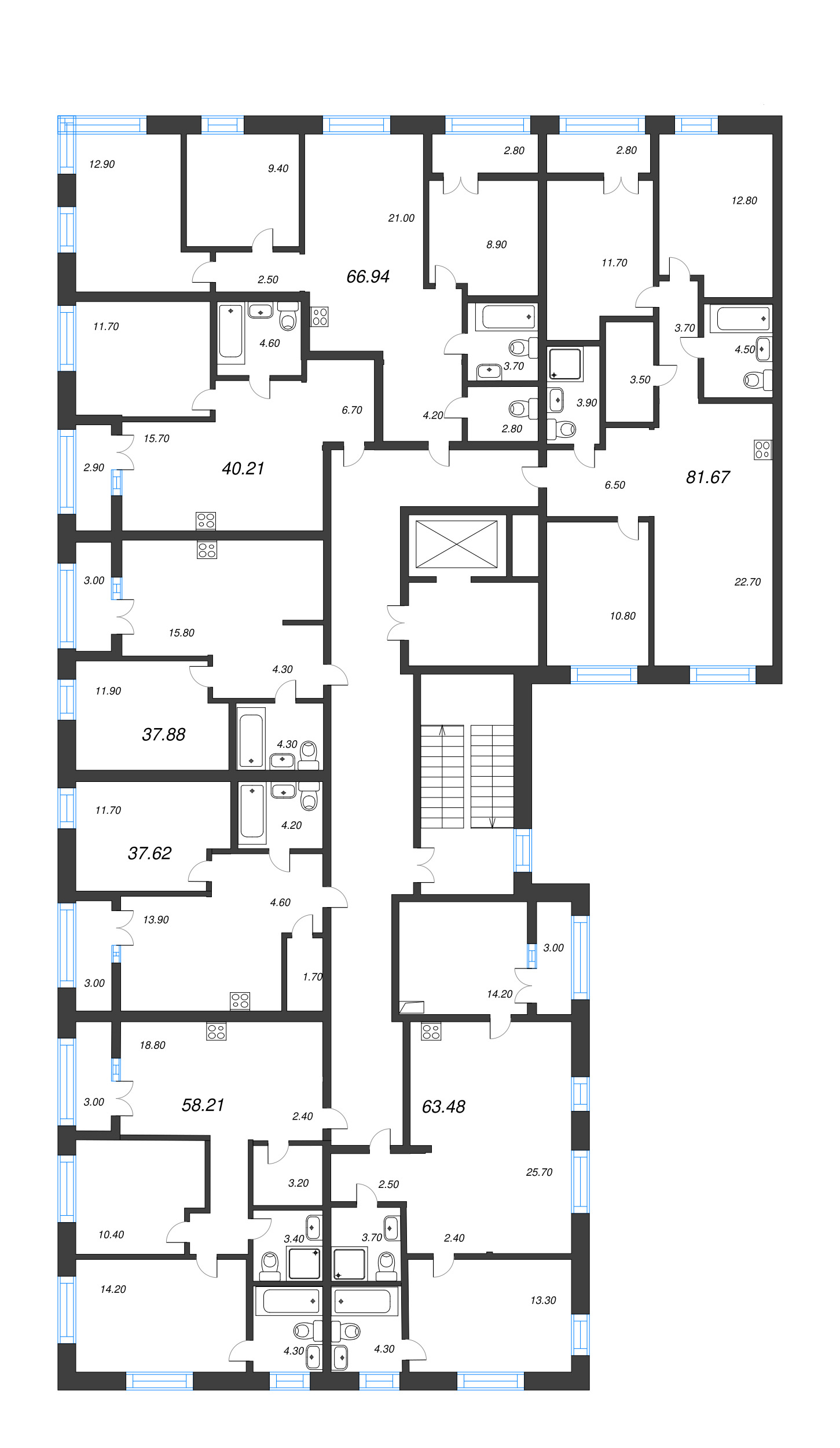 3-комнатная квартира, 66.94 м² - планировка этажа