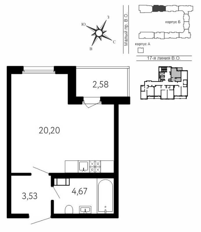 Квартира-студия, 29.69 м² в ЖК "17-я линия" - планировка, фото №1