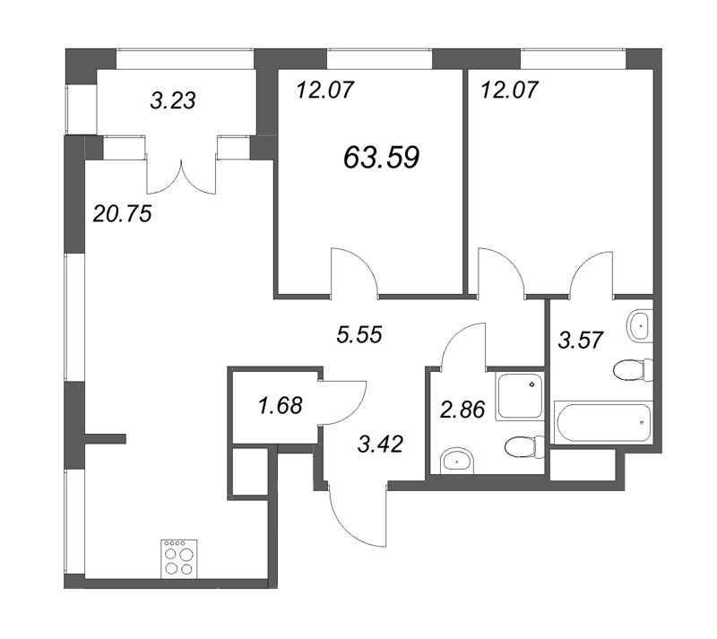 3-комнатная (Евро) квартира, 63.59 м² - планировка, фото №1