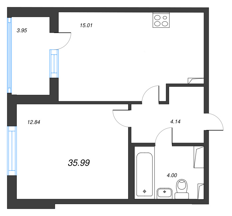2-комнатная (Евро) квартира, 35.99 м² в ЖК "Любоград" - планировка, фото №1
