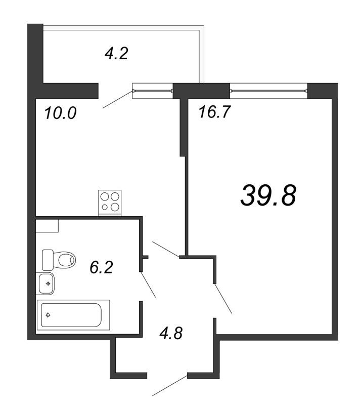 1-комнатная квартира, 40.1 м² - планировка, фото №1