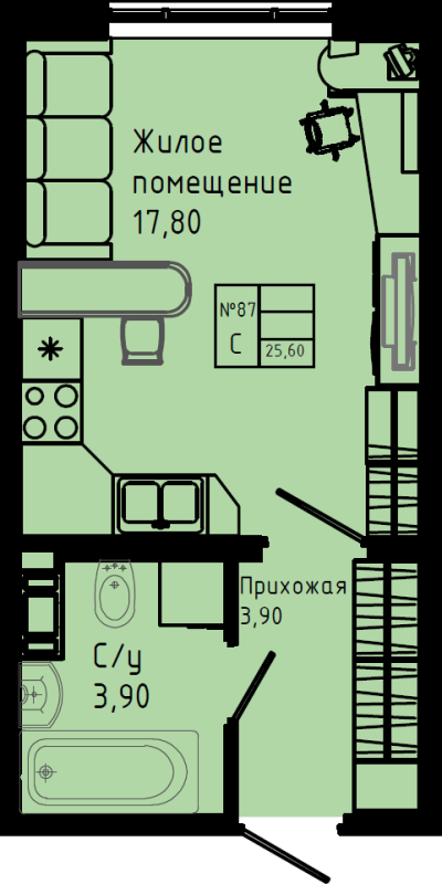 Квартира-студия, 25.6 м² в ЖК "Pixel" - планировка, фото №1