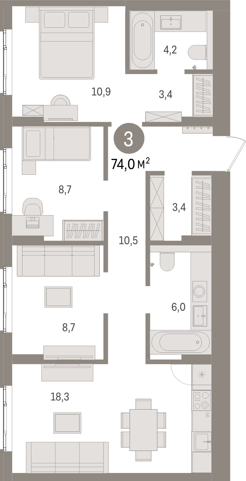 4-комнатная (Евро) квартира, 74 м² в ЖК "Брусника в Новоселье" - планировка, фото №1