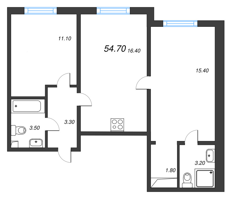 3-комнатная (Евро) квартира, 54.7 м² в ЖК "Дыбенко Парк" - планировка, фото №1