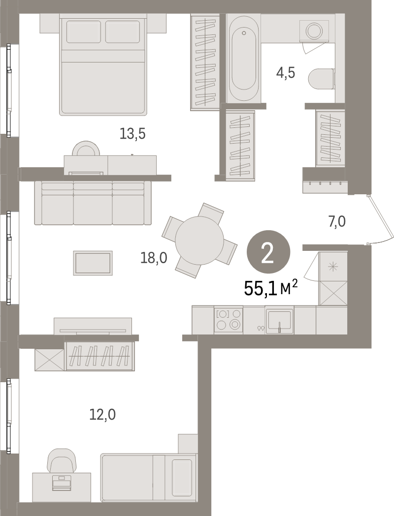 3-комнатная (Евро) квартира, 55.1 м² в ЖК "Брусника в Новоселье" - планировка, фото №1
