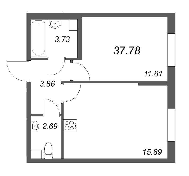 2-комнатная (Евро) квартира, 37.78 м² в ЖК "Кинопарк" - планировка, фото №1