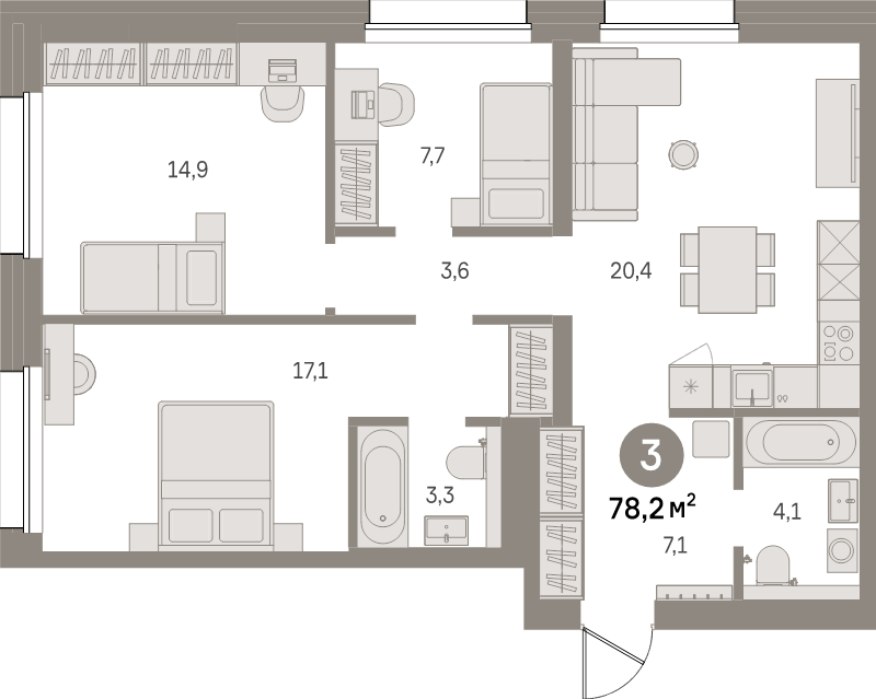 4-комнатная (Евро) квартира, 78.2 м² в ЖК "Северный ветер" - планировка, фото №1